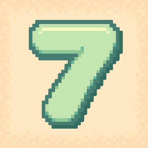 A pixel art number "7" designed for a cozy, cute retro 2D game UI with a bird theme. The number is rendered in soft pastel light green tones to harmonize with the gentle and sweet aesthetic of the game. It has a clean, simple, and rounded pixel style with no harsh edges, fitting perfectly within the pixel art UI style. The number is bold and easily readable at small sizes..
In-Game asset.  2d.  High contrast.  No shadows. pixel art. retro. 2d ui. number. pastel light green. simple. rounded edges. bold. cute. minimal