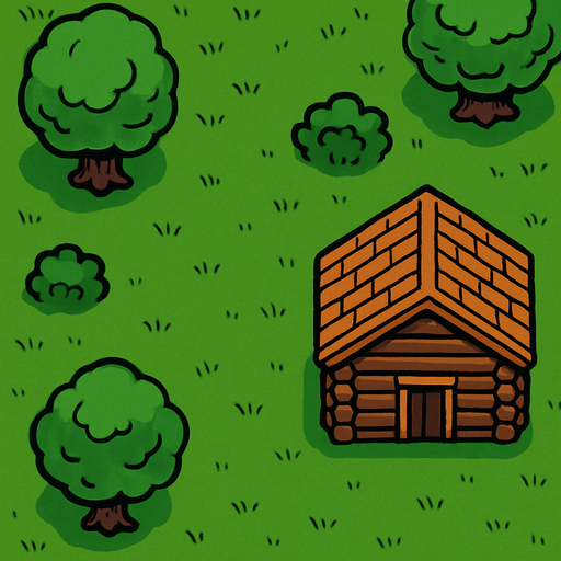 a top view of a grass field with a cabin and some trees.
In-Game asset.  2d.  High contrast.  No shadows