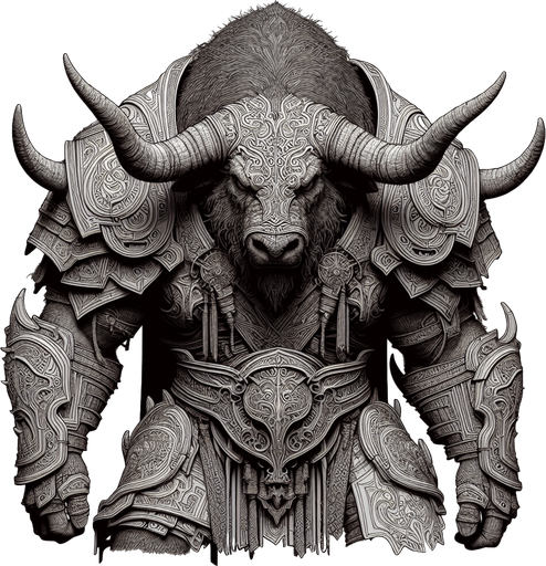 2D armored evil minotaur.
Single Game Texture.  In-Game asset.  2d.  Blank background.  High contrast.  No shadows