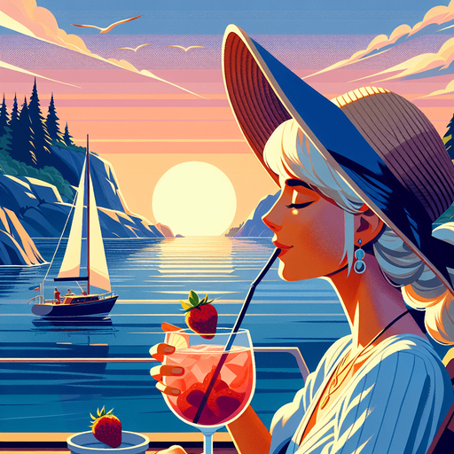 An idyllic llustration of a beach cove where a blond girl in a straw hat is enjoying an large strawberry drink on the deck of her sailing boat as the sun sets. Clean game illustration style..
Single Game Texture. In-Game asset. 2d. Blank background. High contrast. No shadows.