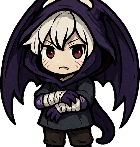 Un manakete en estilo chibi/cuerpo completo. Se ve como un niño pequeño con cabello blanco desordenado. Sus alas de dragón, morado oscura y membranosas, están enrolladas alrededor de su cuerpo como si fueran una capucha, dándole un aire misterioso. Viste ropa casual y simple, algo holgada, que oculta sus verdaderos atributos. En sus brazos lleva vendas mal puestas, apenas cubriendo las escamas moradas de dragón que intentan asomarse bajo ellas, garras en las manos. En cada mejilla tiene tres marcas visibles como arañazos, y un colmillo visible. Su expresión es inocente pero enigmática, transmitiendo que no es un simple niño. El estilo es chibi pero con un aire ligeramente oscuro y mágico..
In-Game asset.  2d.  High contrast.  No shadows