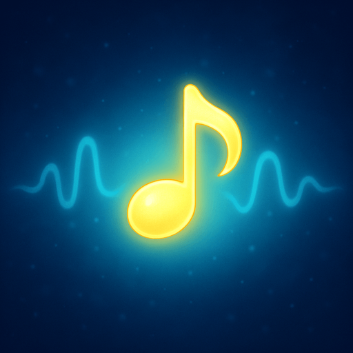 A single glowing yellow melody symbol in the center, surrounded by soft blue light, abstract sound waves gently radiating outward, dreamy and minimalistic background, magical atmosphere, high contrast lighting, perfect for a music-themed game, 4K, highly detailed.
In-Game asset.  2d.  High contrast.  No shadows