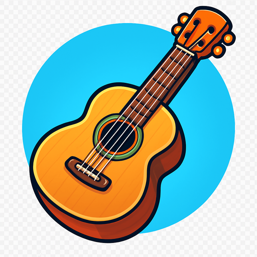 A bold, game-style illustration of an acoustic guitar with a wooden body, visible strings, and a detailed sound hole. Slight 3D shading and a clean, vector outline. Friendly, colorful look with transparent rounded background, optimized for mobile games..
In-Game asset.  2d.  High contrast.  No shadows