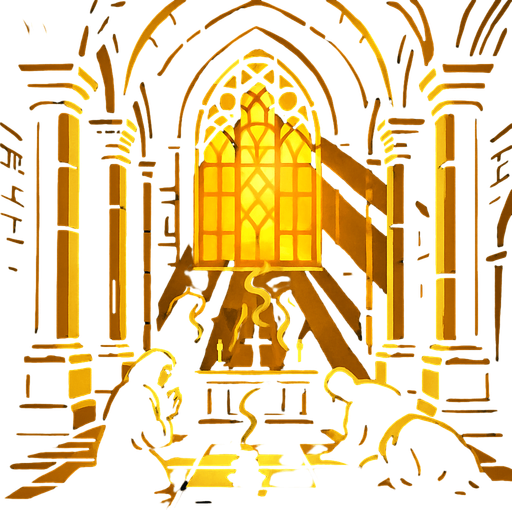 A golden medieval temple with wide columns, sun shining through stained glass, incense rising, pilgrims praying in silence.
In-Game asset.  2d.  High contrast.  No shadows
