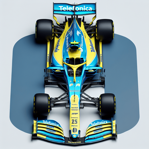 F1 Renaiult race car. Top View. Skyblue and yellow body with deepblue stripes. Deepblue rearwing. Sponsor: "Telefonica"text neonyellow. White"Team Spirit" on front wing. Deepblue"RENAiULT" text on body..
Single Game Texture. In-Game asset. 2d. Blank background. High contrast. No shadows.