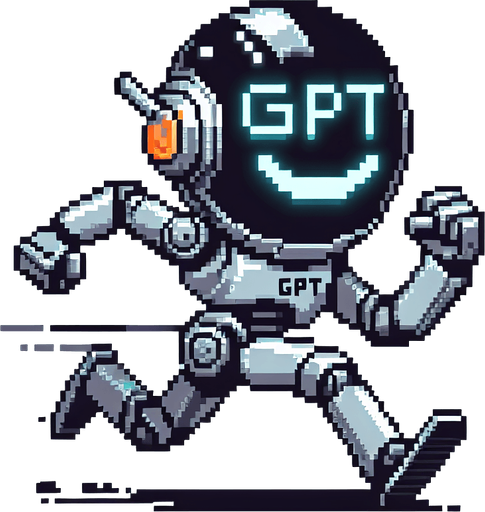 pixel art of a chat gpt robot running with gpt engraved on his chest and a smiley face on his robot visor.
Single Game Texture. In-Game asset. 2d. Blank background. High contrast. No shadows.