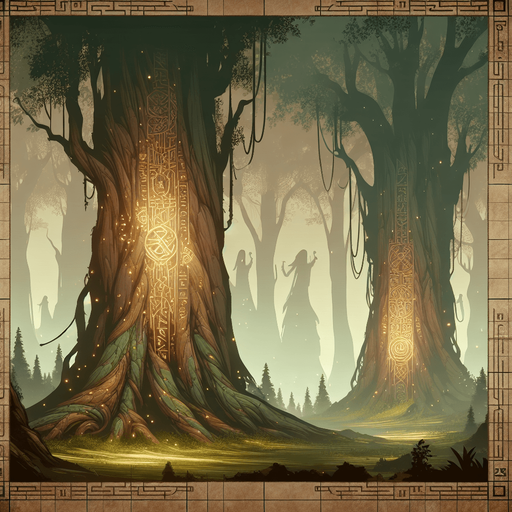 Backdrop: An ancient, mystical forest with glowing runes etched into massive tree trunks.

Colors: Earthy greens and browns with soft golden accents.

Details: Misty ambiance with faint ethereal figures in the background..
Single Game Texture. In-Game asset. 2d. Blank background. High contrast. No shadows.