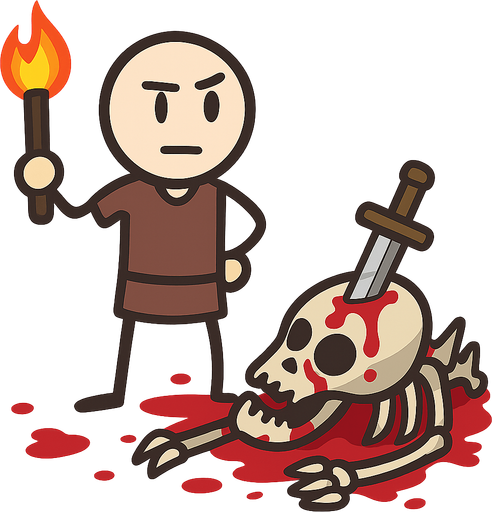 The player with a torch in his hand and the monster skeleton dead on the floor with a knife in his head and blood everywhere. No background. Transparent background. Blank background. No shadows. 2d. In-Game asset. flat