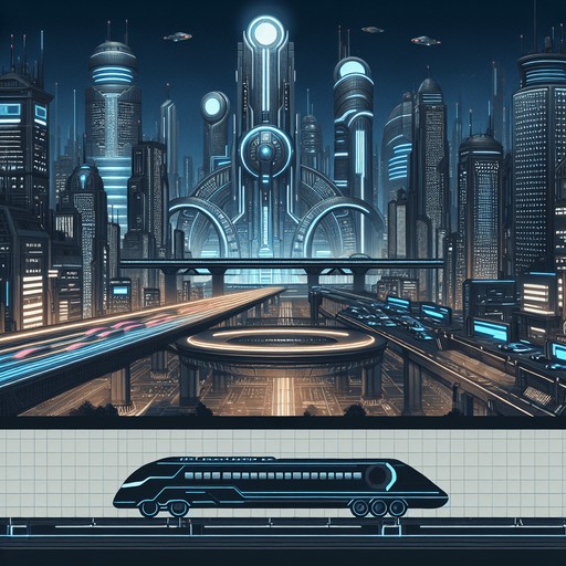futuristic city background.
Single Game Texture. In-Game asset. 2d. Blank background. High contrast. No shadows.