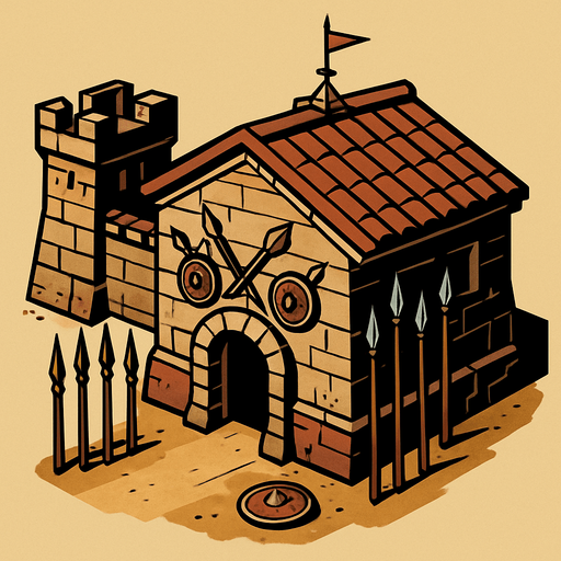 Anciet world barracks, no words.
In-Game asset.  2d.  High contrast.  No shadows