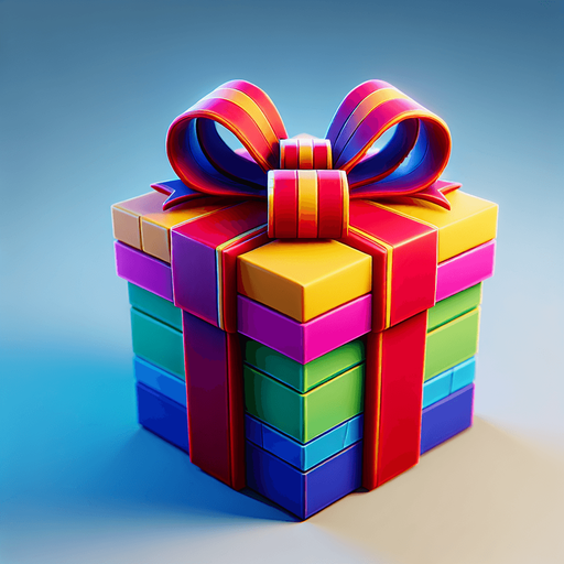 bright 3d present with bow, vivd colours.
Single Game Texture. In-Game asset. 2d. Blank background. High contrast. No shadows.