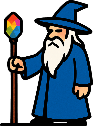 A wizard with a blue dress (like a coat) holding a stick touching the ground and a colored stone on the end of the stick, a wizard with a white beard and a hat on his head, and his whole body and right arm should not be visible from the frame (screen).
In-Game asset.  2d.  High contrast.  No shadows