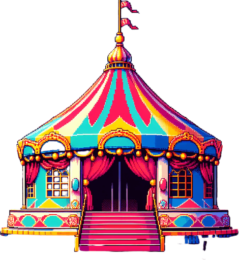 8 bit colorfull image about anime image of circus tent at city field.
Single Game Texture.  In-Game asset.  2d.  Blank background.  High contrast.  No shadows