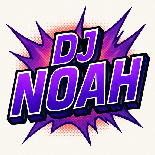 A bold, comic-style game title reading 'DJ NOAH' in large uppercase letters. The text features a deep electric purple gradient with sharp highlights and bold white outlines, styled like a dramatic comic book title splash. Subtle halftone textures and a radial glow enhance its dynamic look. Behind the text, abstract comic-style sound wave elements stretch outward in purple and magenta hues. The composition is punchy, modern, and dramatic — designed as a central UI graphic with transparent background for in-game use. 2D, high contrast, no drop shadow..
In-Game asset.  2d.  High contrast.  No shadows