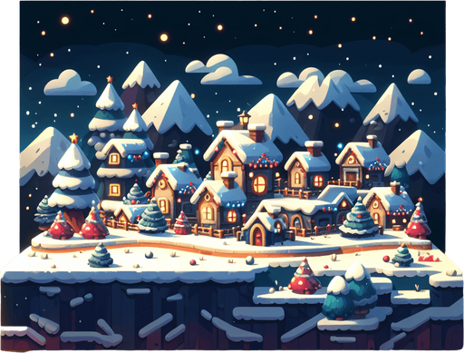 Christmas night, a village in the bottom, cartoon Single Game Texture. In-Game asset. 2d. Blank background. High contrast. No shadows.