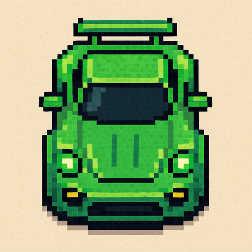 un auto verde deportivo con perspectiva desde arriba hecho con pixeles.
In-Game asset.  2d.  High contrast.  No shadows con perspectiva trasera