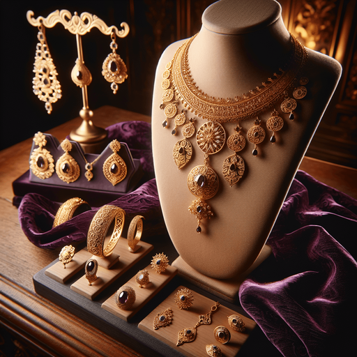 a set of classical gold jewelry on a small display bust