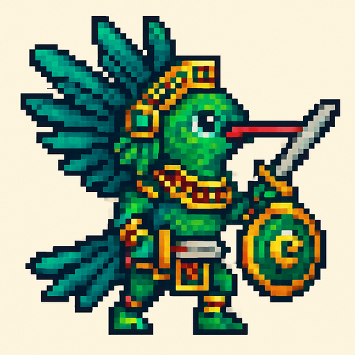 Generame un guerrero voaldor Colibrí esmeralda del Chiribiquete estilo azteca con patrones, estilo pixelar.
In-Game asset.  2d.  High contrast.  No shadows