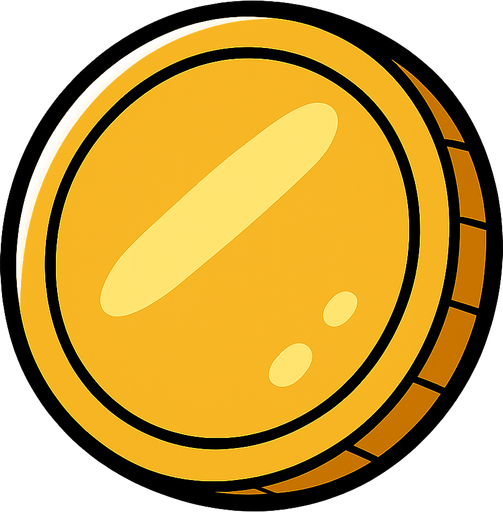 Simple golden coin, rounded, shiny, big black outline, funny