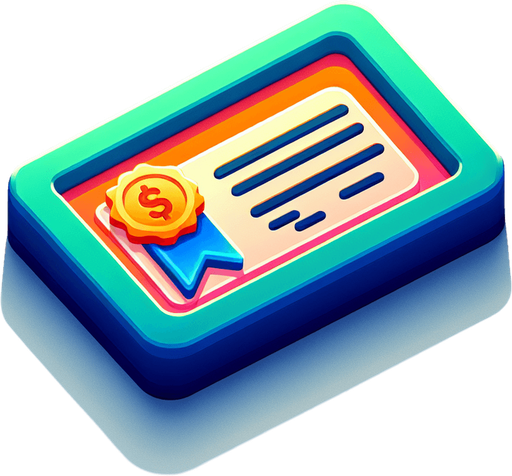 A colorfull horizontal rectangle shaped simple stock certificate icon with a badge and in perspective.
Single Game Texture. In-Game asset. 2d. Blank background. High contrast. No shadows.