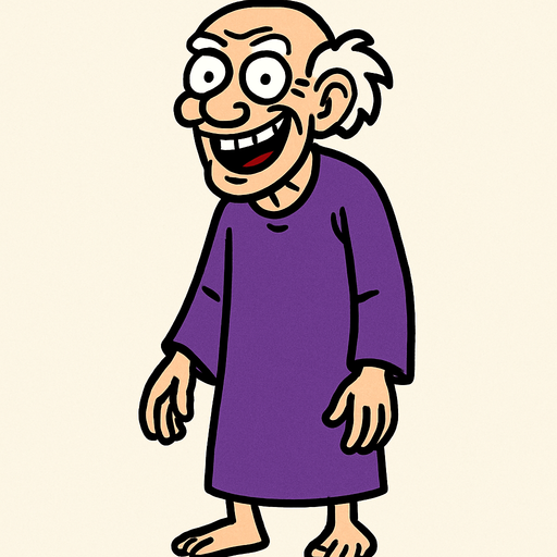 yaşlı, üzerinde mor bir cübbe olan, ve mal mal sırıtan bir adam. vücudu tamamen görünür.
In-Game asset.  2d.  High contrast.  No shadows