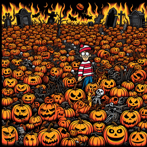 Generate a high quality cartoon background Halloween image on a black canvas similar to the format of where is waldo with a hellish environment filled with pumpkins.
Single Game Texture. In-Game asset. 2d. Blank background. High contrast. No shadows.