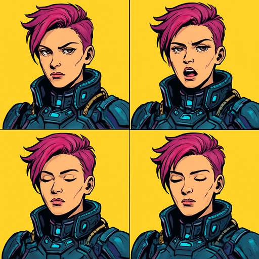 Cyberpunk high commander women looking to the camera with eyes by side, the half upper part of it only not all body, different frames, Opened eyes closed mouth, Opened eyes opened mouth, talking closed eyes opened mouth, Closed eyes closed mouth, each frame in one image. background yellow. paint it professionally with all details.
In-Game asset.  2d.  High contrast.  No shadows