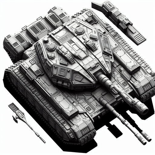 top down scifi image military slugish tank.
Single Game Texture.  In-Game asset.  2d.  Blank background.  High contrast.  No shadows