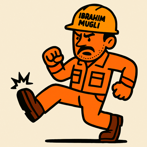 Üstünde ibrahim muğli yazan baretli işçi tekme atarken.
In-Game asset.  2d.  High contrast.  No shadows