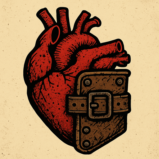 The hearts will be in a slightly old Mad Max style look and half will be inside the leather case.
In-Game asset.  2d.  High contrast.  No shadows