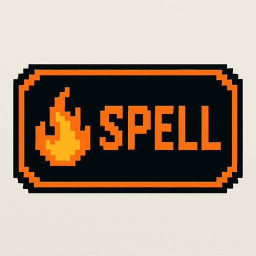 Black button with an orange outline that says "Spell" and has a fire icon, pixel art.
In-Game asset.  2d.  High contrast.  No shadows