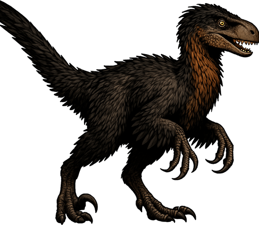 A large, realistic Utahraptor dinosaur covered in dense, shaggy feathers. The plumage is a mix of dark brown, black, and rusty orange along the neck and tail. It has long, powerful legs with a signature sickle-shaped claw on each foot, and feathered arms resembling wings. The head is narrow with a curved snout, sharp teeth visible, and piercing amber eyes. The long tail is covered in sleek feathers, giving balance and a bird-like appearance..
In-Game asset.  2d.  High contrast.  No shadows