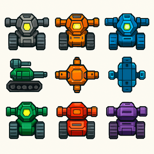 Pack of different future tank enemy have 2 turrets on its 2 sides, different frames of it facing the screen by sides from the left side, right side, top,bottom,front,back, HD colors.
In-Game asset.  2d.  High contrast.  No shadows
