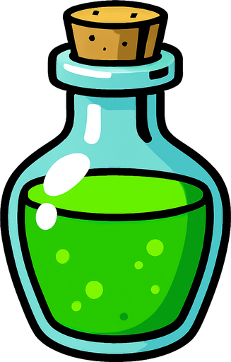 Yeşil bir şişe içinde yeşil sıvı var.
In-Game asset.  2d.  High contrast.  No shadows