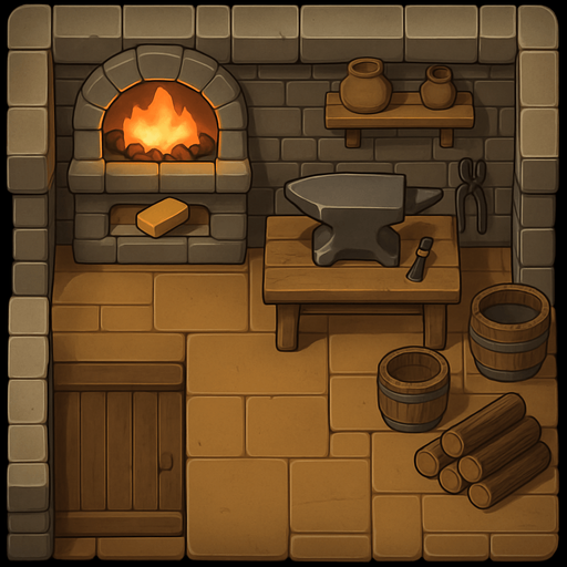 kale olmasın. Top down bir orta çağ demirci evi olsun