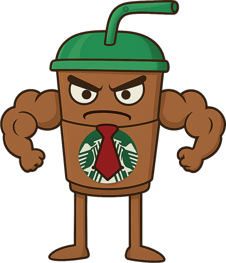 starbucks kahvesi ama kaslı ve kıravartı olan sinirli bir starbucks kahvesi. No background. Transparent background. Blank background. No shadows. 2d. In-Game asset. flat