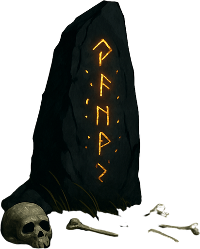 A windswept plain with a cursed black stone monolith, glowing runes etched into it, bones scattered around, storm clouds looming, realistic.
In-Game asset.  2d.  High contrast.  No shadows