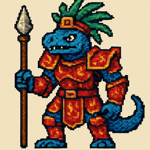 Generame un guerrero azteca con patrones, estilo pixelar, ademas sera un El lagarto azul de Gorgona humanoide. Va tener una armadura roja con efetos de llamitas pequeñas.
In-Game asset.  2d.  High contrast.  No shadows