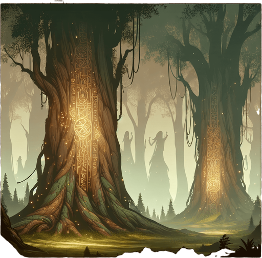 Backdrop: An ancient, mystical forest with glowing runes etched into massive tree trunks.

Colors: Earthy greens and browns with soft golden accents.

Details: Misty ambiance with faint ethereal figures in the background..
Single Game Texture. In-Game asset. 2d. Blank background. High contrast. No shadows.