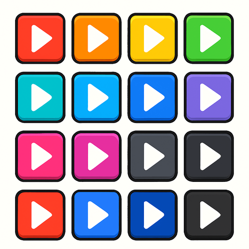 a sprite sheet for a 2D illustration of colored square buttons containing a minimalistic triangle arrow inside them, for a rythm based musical casual mobile game.
In-Game asset.  2d.  High contrast.  No shadows