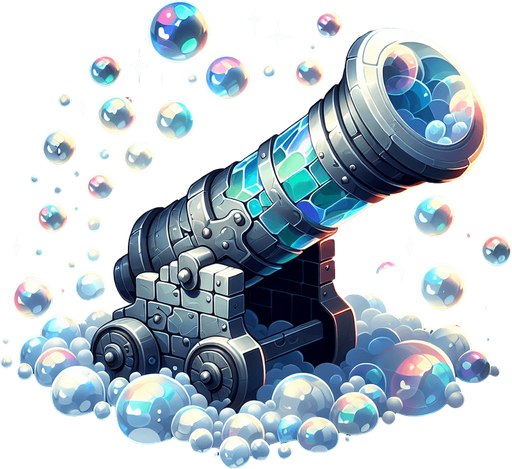 A cannon made out of a bubble.
Single Game Texture.  In-Game asset.  2d.  Blank background.  High contrast.  No shadows