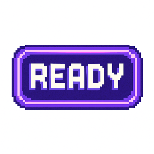 A pixel art button with the word "READY" written in bold, retro pixel font. The button is rectangular with slightly rounded corners, styled in purple and violet tones with a soft glowing border to match a lo-fi rhythm game's aesthetic. The "READY" text is centered, white or light-colored for contrast, with pixel-perfect sharpness. The button has a slightly raised 3D appearance and no background (transparent). Designed for use in a minimalist, neon-themed rhythm game UI..
In-Game asset.  2d.  High contrast.  No shadows