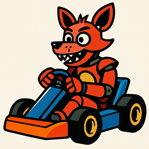 Un zorro rojo animatronico en un kart.
In-Game asset.  2d.  High contrast.  No shadows