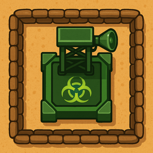Top view of an Green defense Military tower large Toxic, in the desert, the image has a square border outlined by military defense Brown sandbags.
In-Game asset.  2d.  High contrast.  No shadows