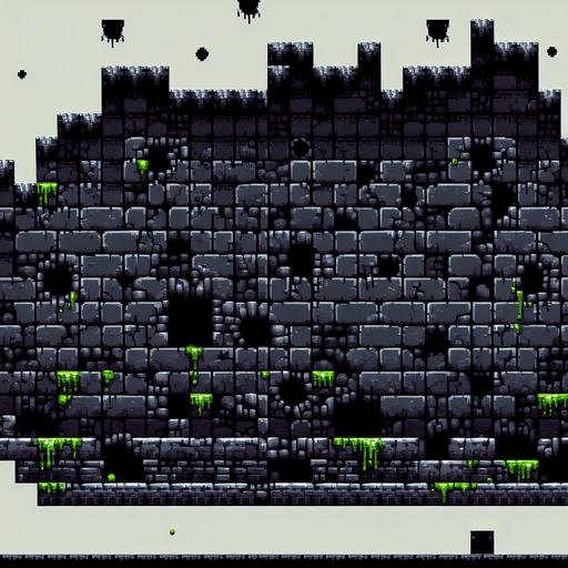 Black stone dungeon wall background. Crumbling top of wall in places.  Slime on bricks. Black holes in walls in places where brick is missing. Infinite repeatable texture for endless scroller. 8 bit pixel art..
Single Game Texture.  In-Game asset.  2d.  Blank background.  High contrast.  No shadows