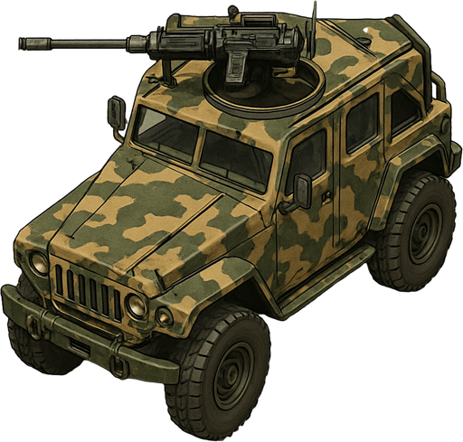 Armed off-road vehicle with camouflage livery. Top view.
