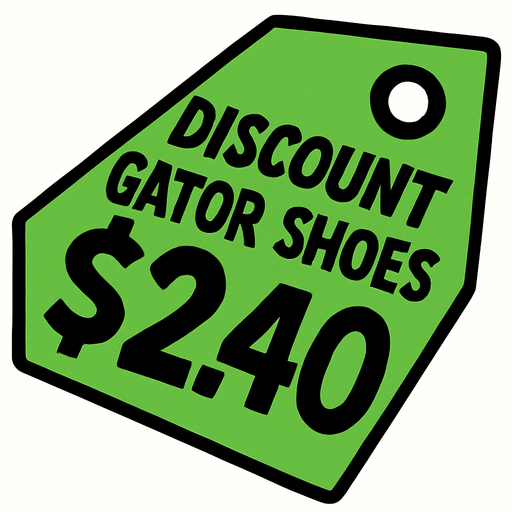 Green pricetag that says discount gator shoes $2.40.
In-Game asset.  2d.  High contrast.  No shadows