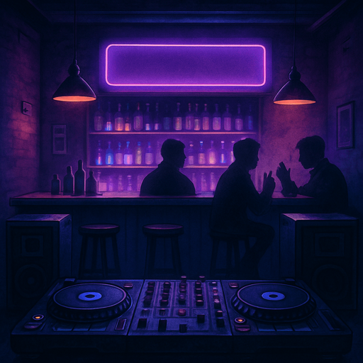 semi-realistic comic book style, moody neon lighting, lo-fi urban atmosphere, rich textures, cinematic framing, purple and blue tones, soft gradients, ambient reflections