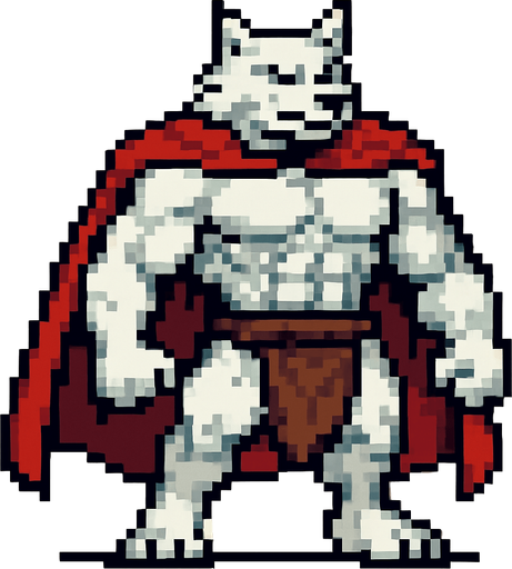 Lobo blanco fuerte revelando sus pectorales pero usando una capa y un taparrabos, que se vea todo su cuerpo y pixelado.
In-Game asset.  2d.  High contrast.  No shadows