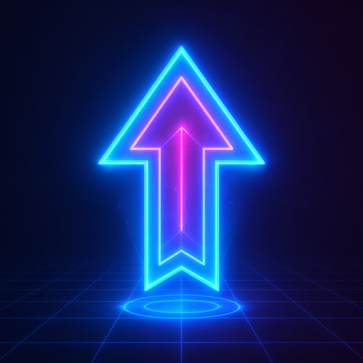 neon cyberpunk arrow pointing north glowing hologram flat 3d straight on symmetrical